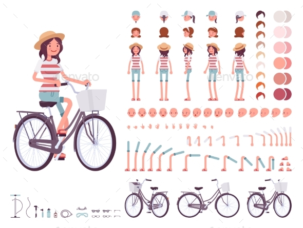 Young Woman Cycling City Bike. Character Creation - People Characters