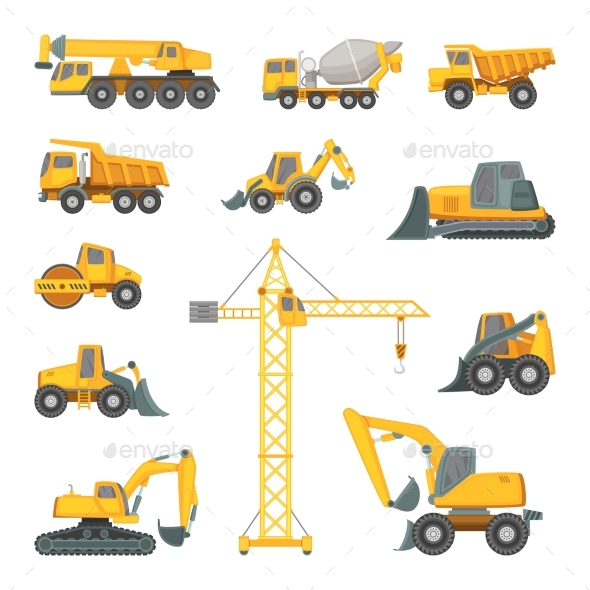 Heavy Construction Machines. Excavator, Bulldozer - Objects Vectors