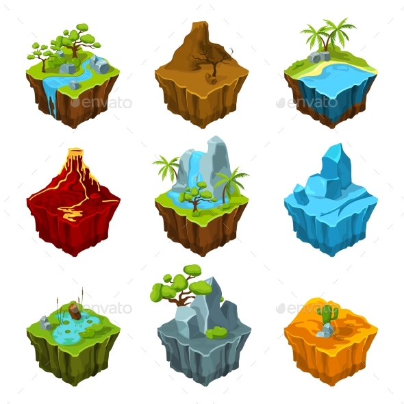 Fantasy Isometric Islands with Vulcans, Different - Web Elements Vectors