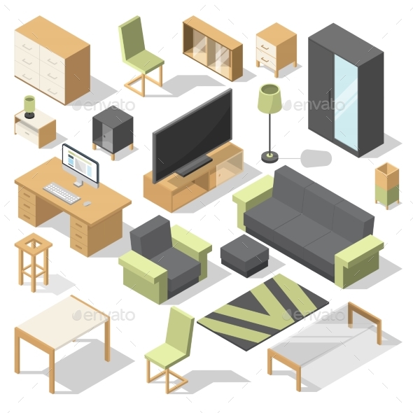 Furniture Set for Bed Room. Vector Isometric - Objects Vectors