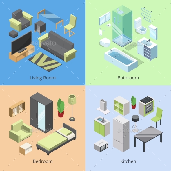Set of Different Furniture Elements for Rooms - Objects Vectors