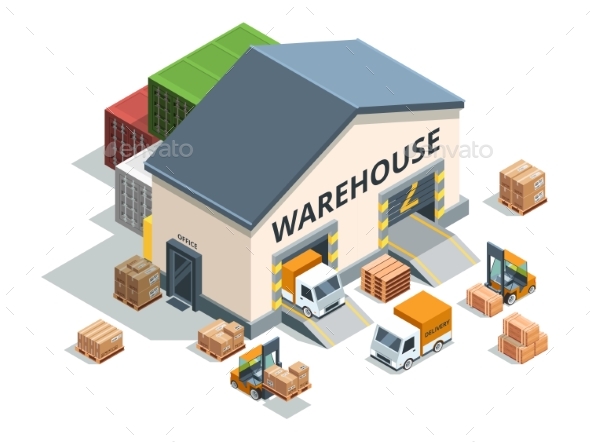 Warehouse Building, Trucks and Load Machines - Objects Vectors