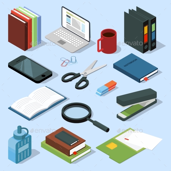 3d Office Equipment Isometric Set. Books, Folders - Objects Vectors
