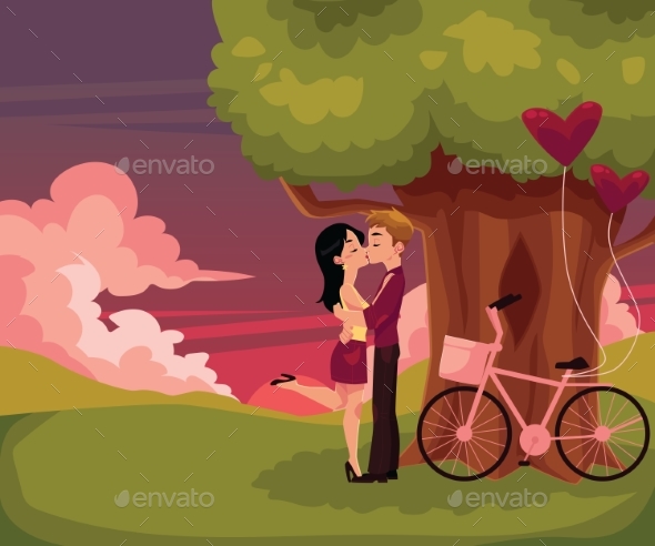 Couple Kissing, Having Date Under Big Tree - People Characters