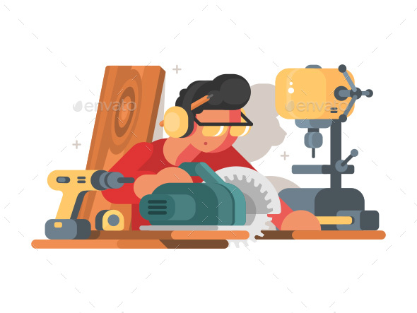 Woodworker Man at Workplace - Characters Vectors