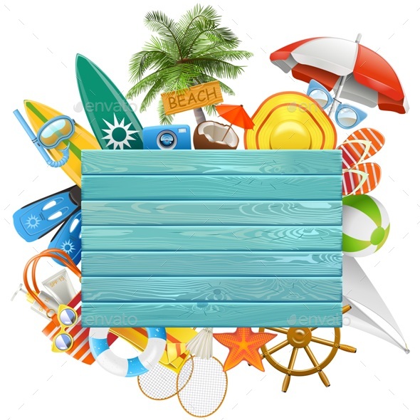 Vector Beach Concept with Blue Board - Travel Conceptual