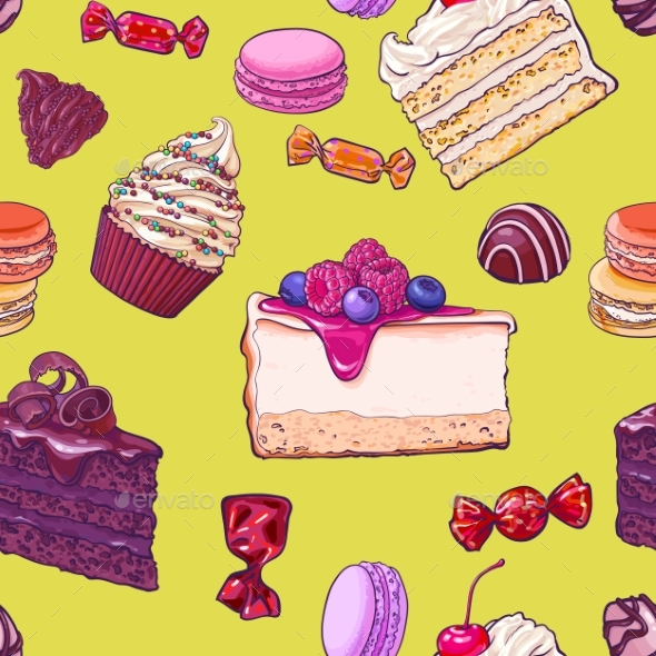 Seamless Pattern of Hand Drawn Cakes and Candies - Food Objects