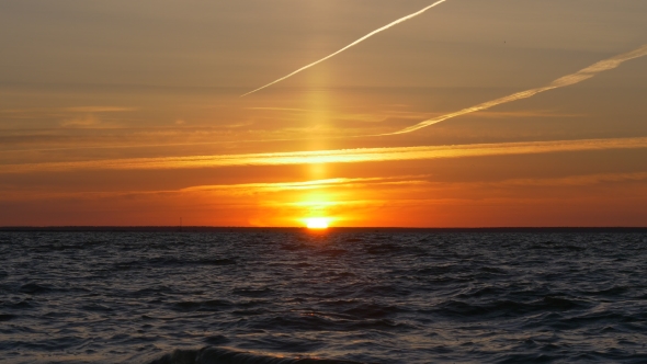 Sunset Over Sea, Sun Beam on Orange Sky