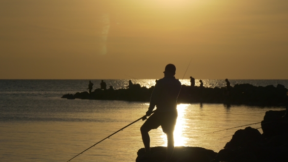 Silhouettes of Many Fishermen Fishing in Sea