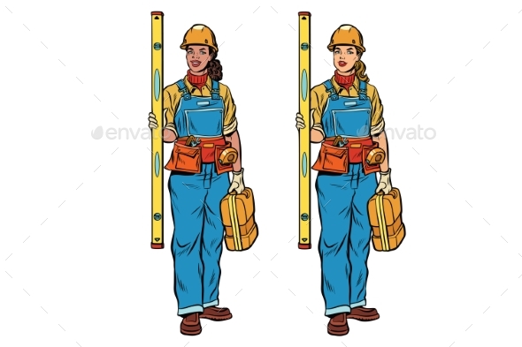 African and Caucasian Woman Builder with - People Characters