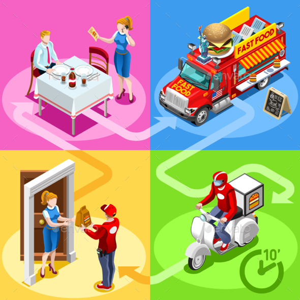 Fast Food Truck Hamburger Home Delivery Vector Isometric People - Food Objects