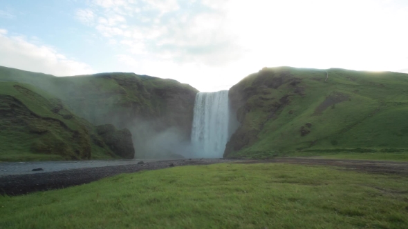 Skogafoss, Skougafoss, Iceland, Reykjavik, the Highest Large Waterfall in Europe, Green Landscape