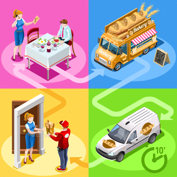 Food Truck Bakery Bread Home Delivery Vector Isometric People - Food Objects