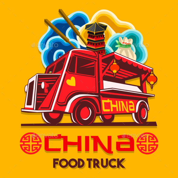 Food Truck Chinese China Fast Delivery Service Vector Logo - Food Objects