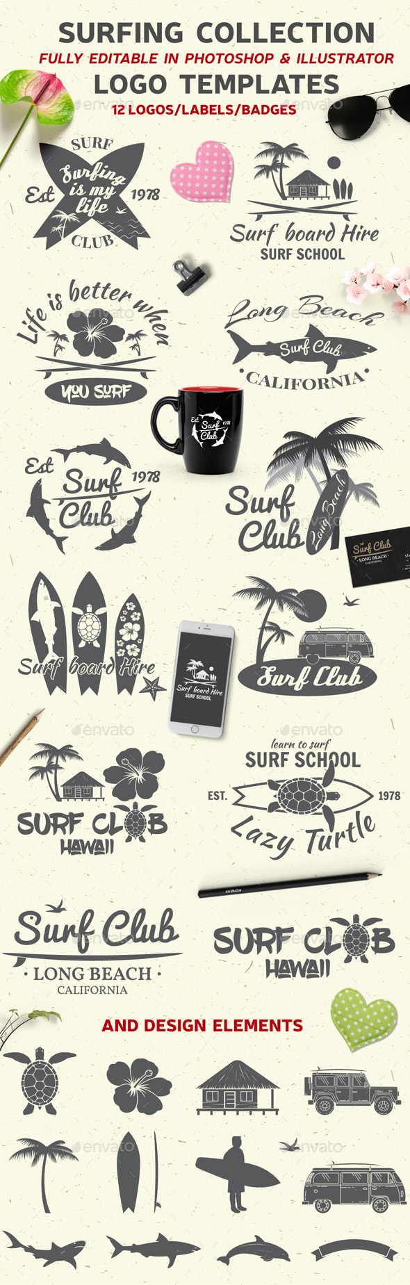 Surfing Collection - Badges & Stickers Web Elements