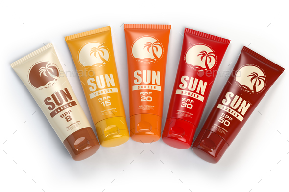 Sun screen cream, oil and lotion containers with different spf.