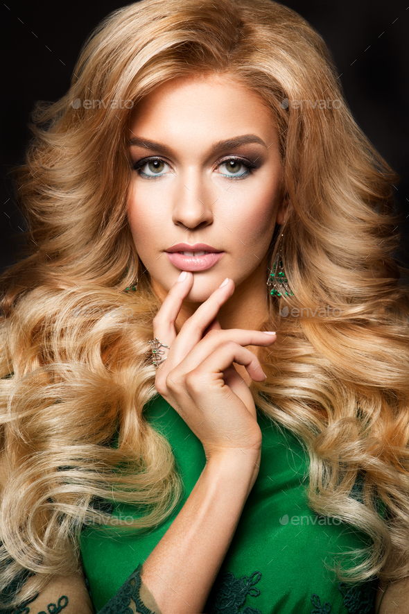 Portrait Of Elegant Sexy Blonde Woman With Long Curly Hair And