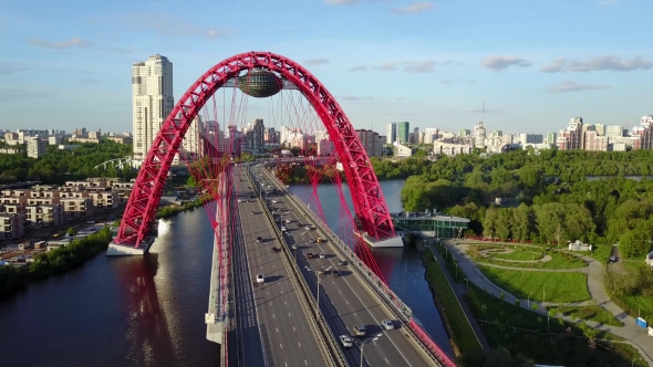 Aerial View at Red Zhivopisny Bridge in Moscow City
