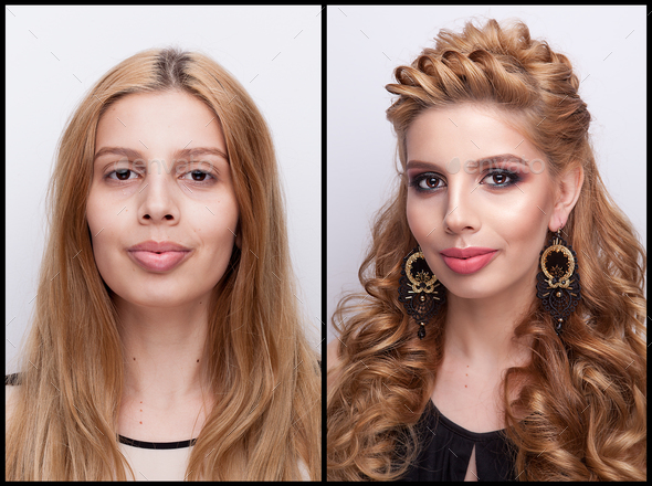 Woman Before and after makeup and hairstyle