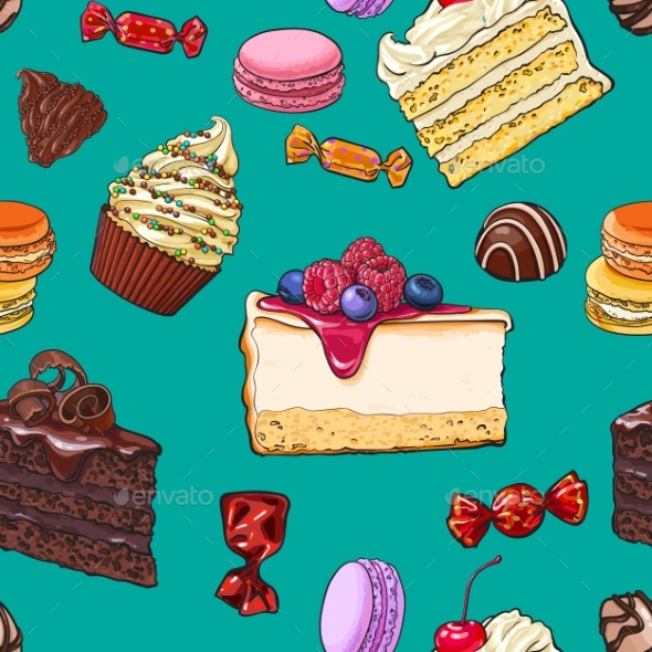 Seamless Pattern of Hand Drawn Cakes, Candies - Food Objects