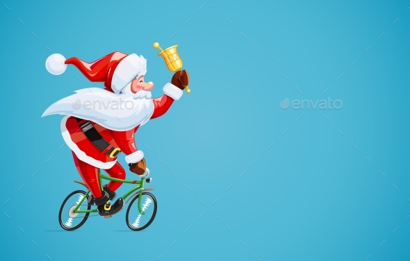 Santa Claus with Bell at Bicycle. Christmas Cartoon Character.