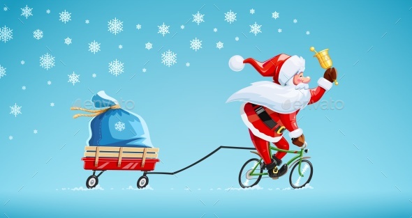 Santa Claus with Bell and Bicycle Christmas Cartoon