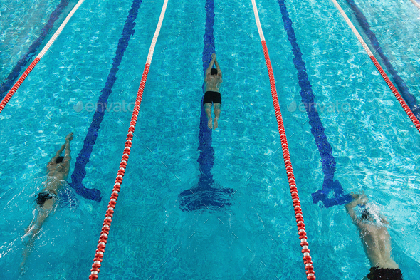 Top view of three male swimmers