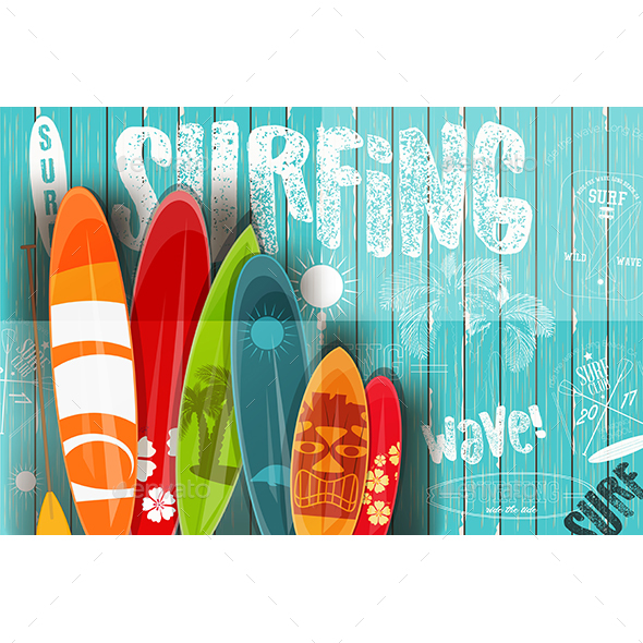 Surfing Retro Poster on Blue Wooden Background - Sports/Activity Conceptual