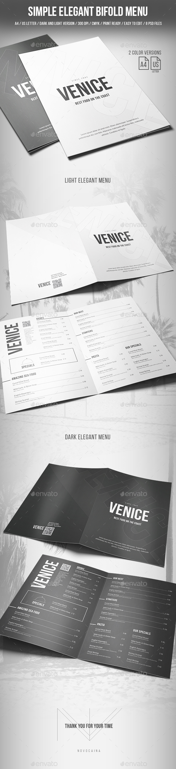 Simple Elegant Bifold Menu - A4 and US Letter - 2 Color Version - Food Menus Print Templates