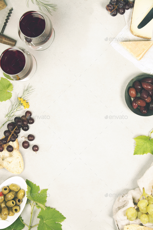 Wine and snack set. Grey marble background, top view, copy space - Stock Photo - Images