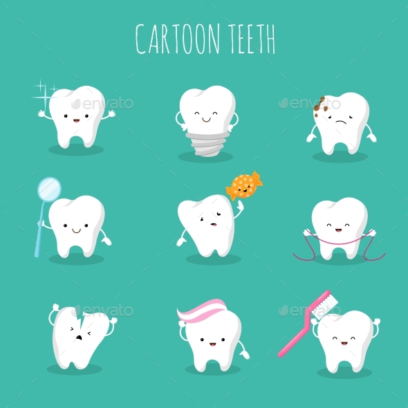 Cute Cartoon Tooth Vector Set. Baby Teeth Health - Miscellaneous Vectors