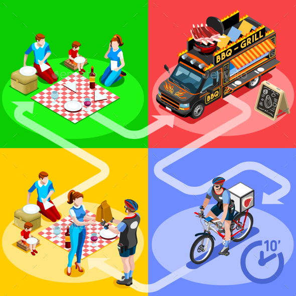 Food Truck BBQ Grill Home Delivery Vector Isometric People - Vectors