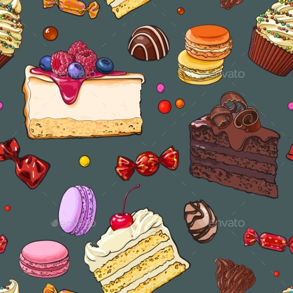 Seamless Pattern of Hand Drawn Cakes, Candies - Food Objects