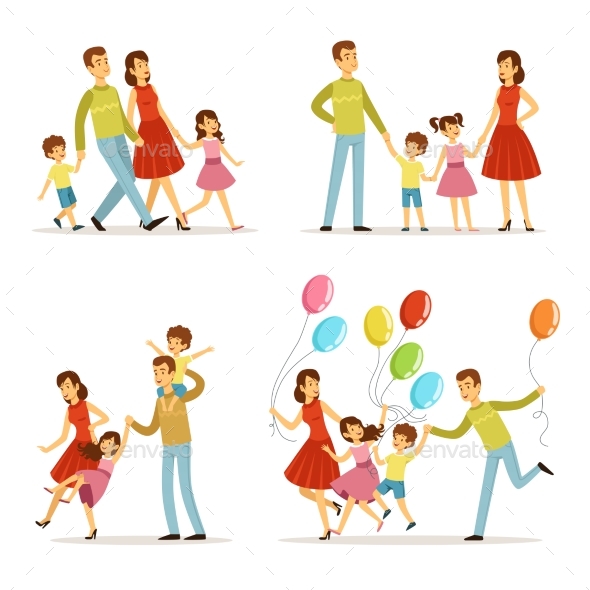 Happy Family Portrait. Father, Mother and Kids - People Characters