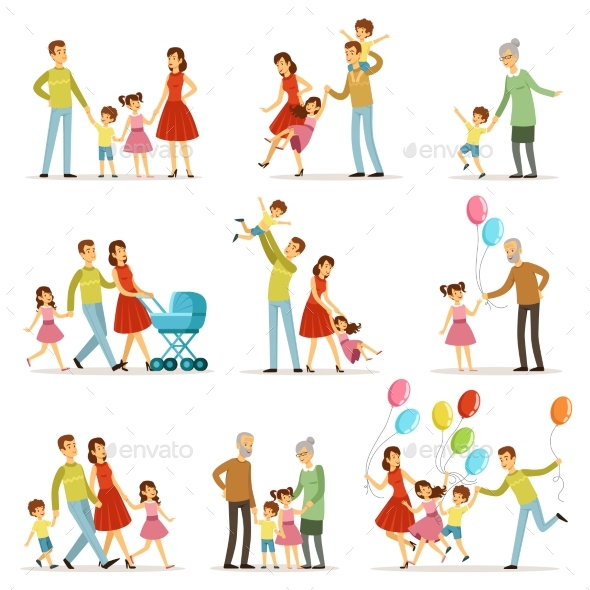 Big Happy Family with Mother, Father, Grandmother - People Characters