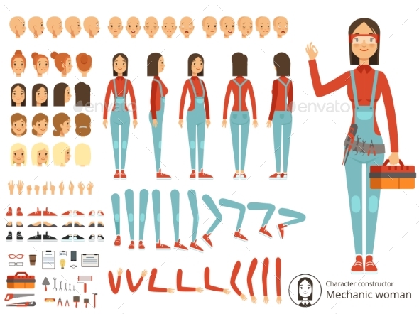 Big Creation Kit of Girl Mechanic in Working - People Characters