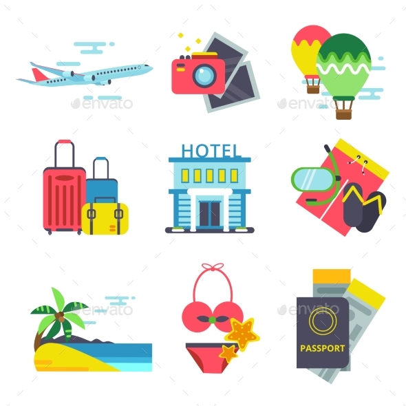 Travel Time Icon Set in Flat Style. Vector Signs - Objects Vectors
