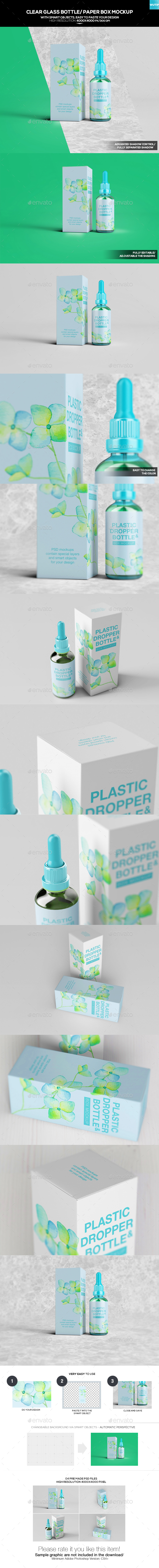 Clear Glass Bottle/ Paper Box Mockup