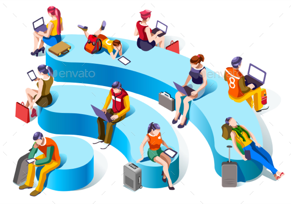 Wi-fi Connecting Isometric People Vector Social Graphics - People Characters