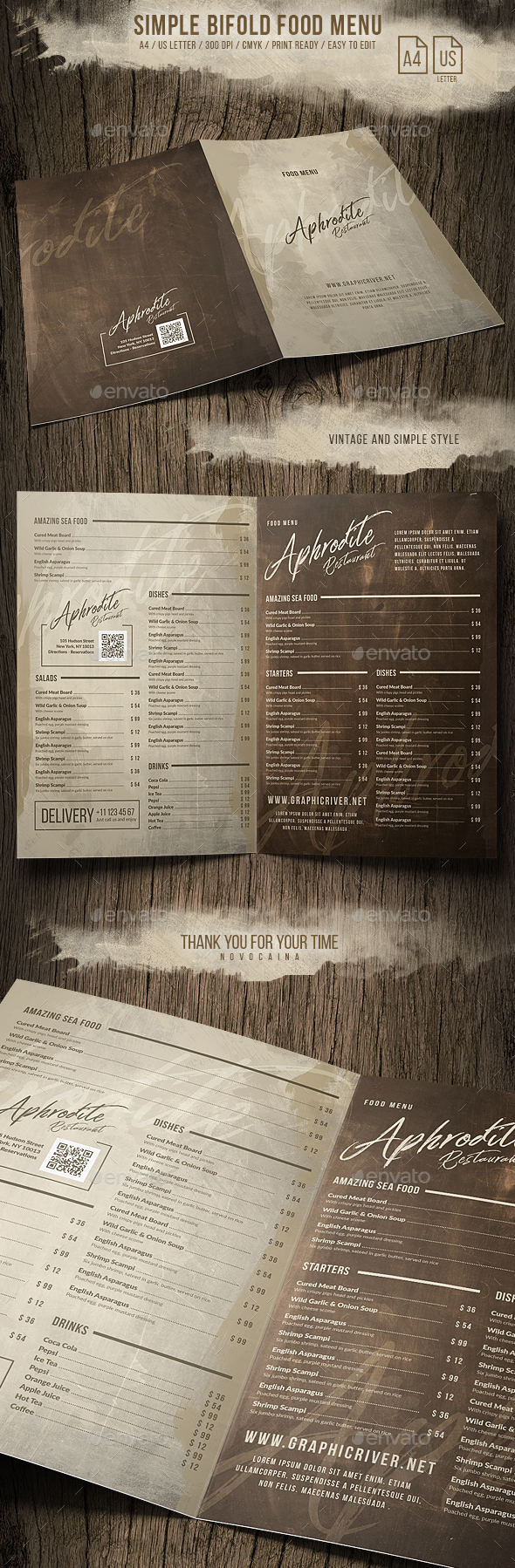 Simple Style Bifold Menu - A4 and US Letter - Food Menus Print Templates
