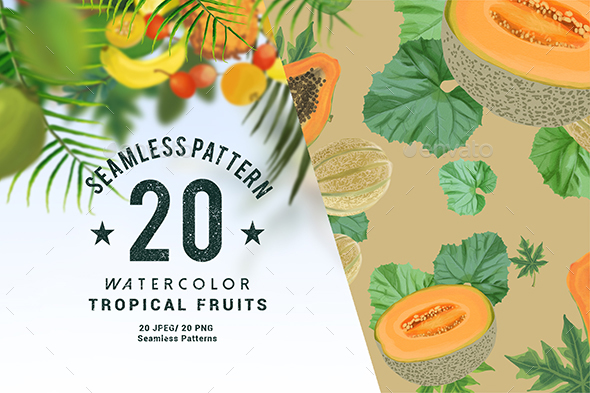 20 Watercolor Tropical Fruits Seamless Pattern - Patterns Backgrounds