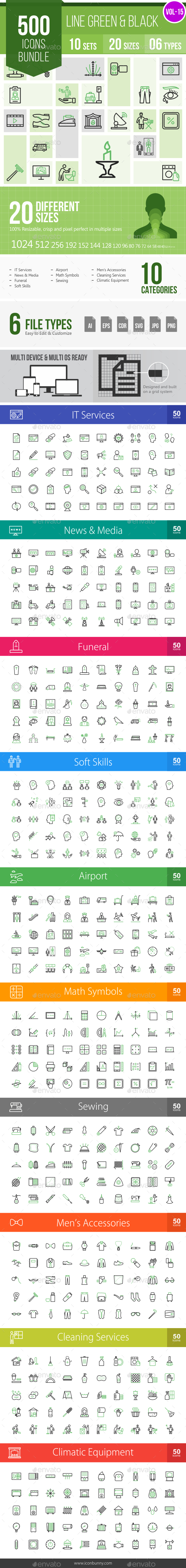 500 Vector Green & Black Line Icons Bundle (Vol-15) - Icons