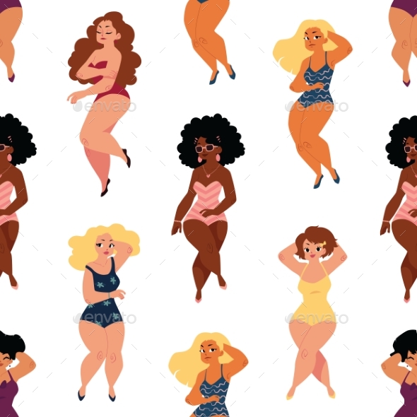 Seamless Pattern - Pretty Plump, Curvy Women - People Characters