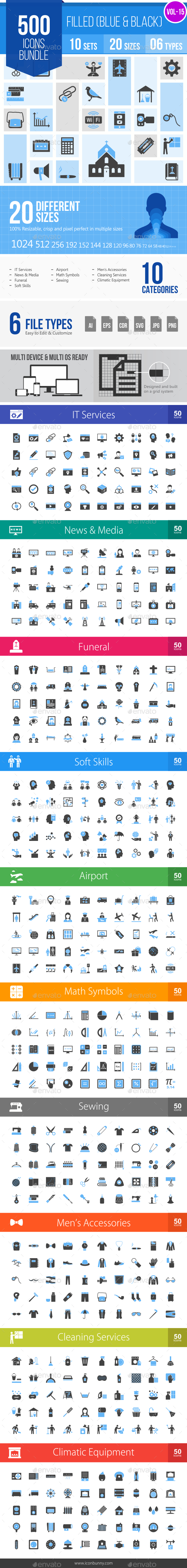 500 Vector Blue & Black Filled Icons Bundle (Vol-15) - Icons