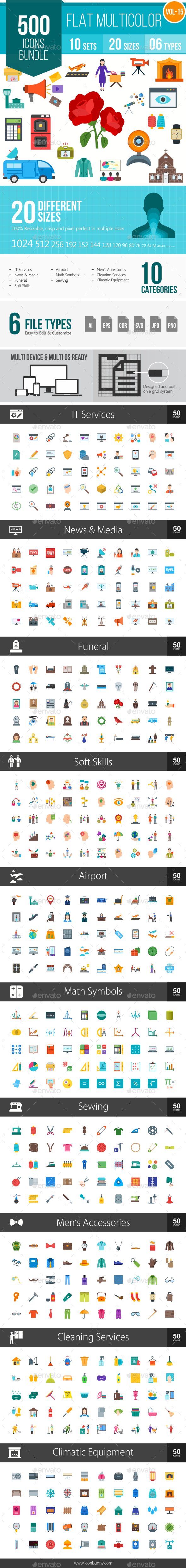 500 Vector Colorful Flat Icons Bundle (Vol-15) - Icons