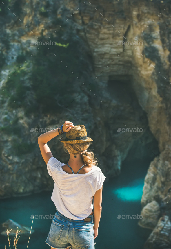 Young woman standing in Antiocheia Ad Cragum town - Stock Photo - Images