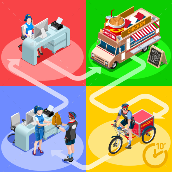 Food Truck Chicken Wings Home Delivery Vector Isometric People - Vectors