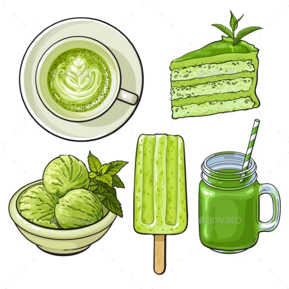 Hand Drawn Food with Matcha Tea - Ice Cream and Cake