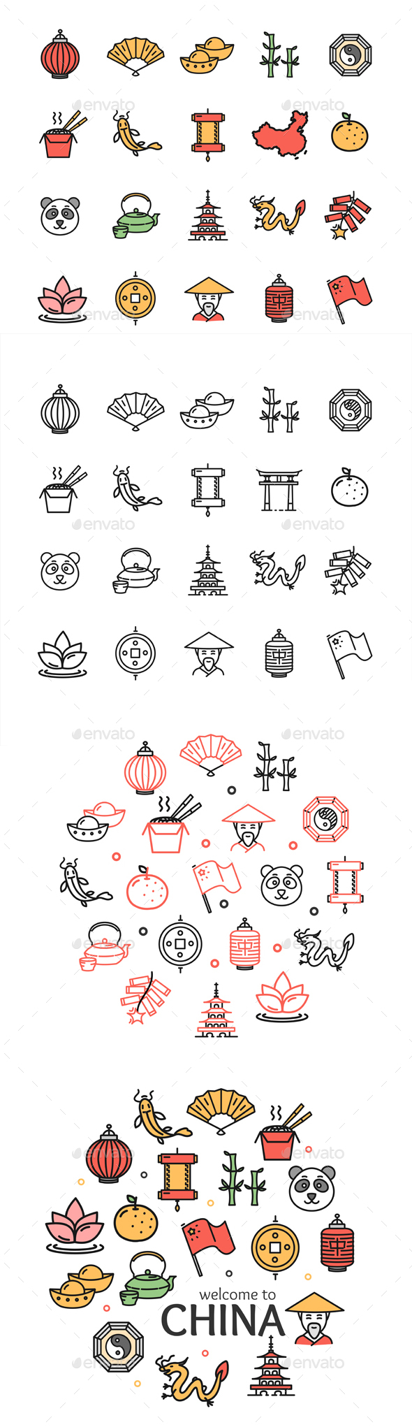 Symbol of China Color Thin Line Icon Set - Travel Conceptual