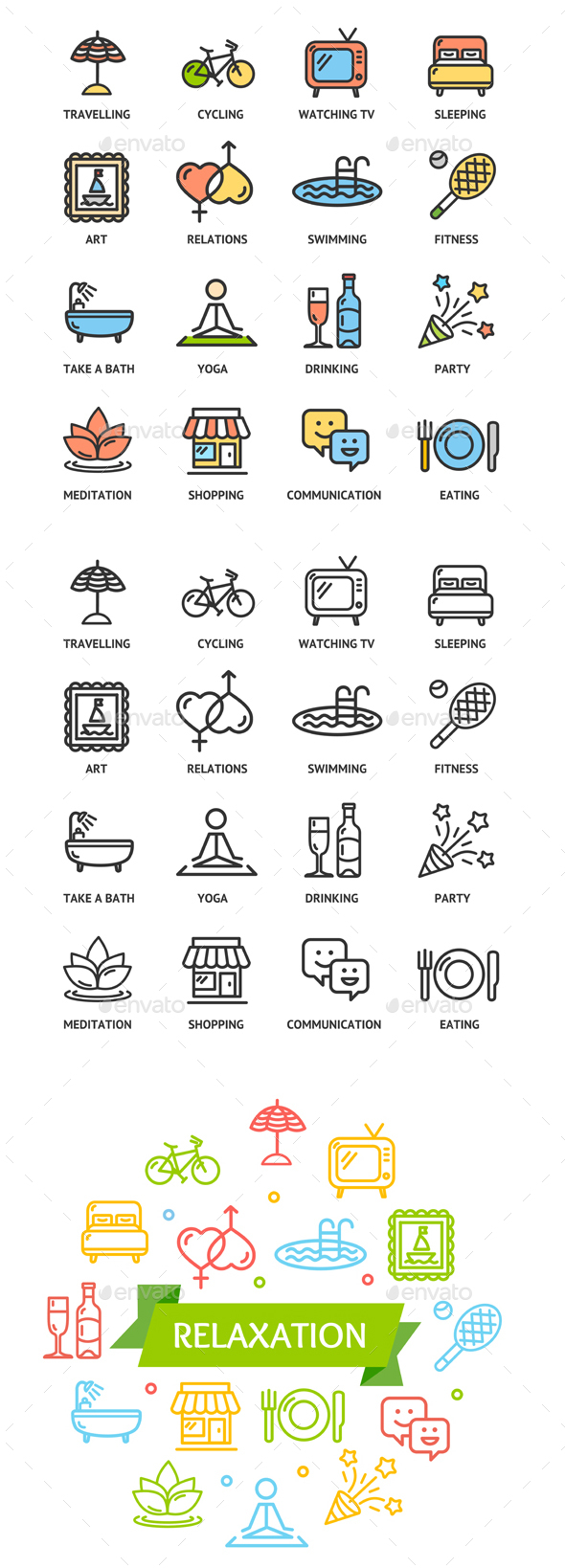 Relaxation Rest Time Color Thin Line Icon Set - Miscellaneous Conceptual